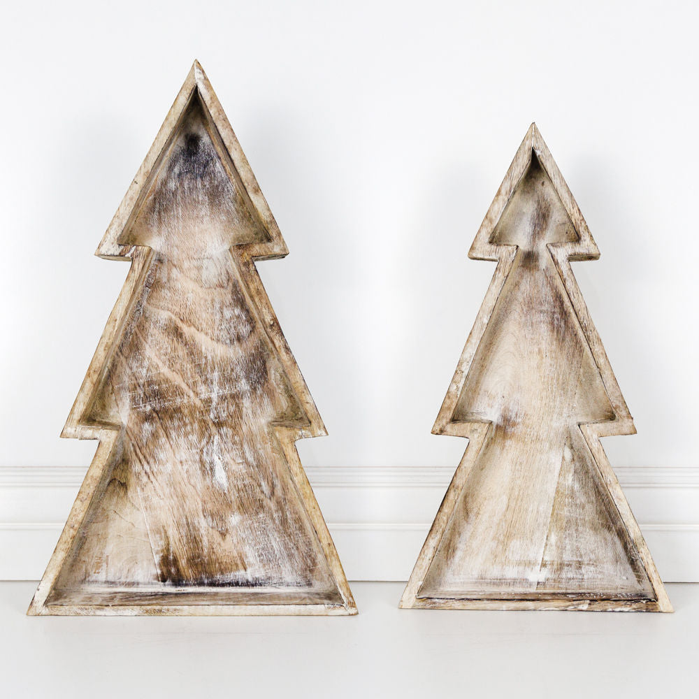 Mango Wood Cutout Nested Trays set of 2(Christmas Trees) White Adams Christmas Adams & Co.   