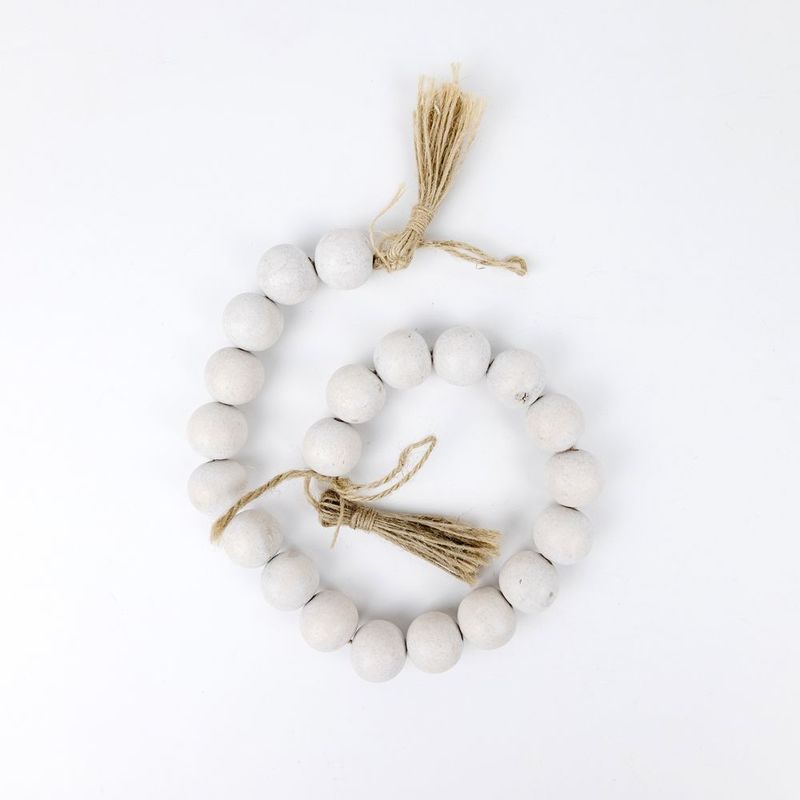 Bamboo Wood Bead Garland With Tassels, White Adams Everyday Adams & Co.   