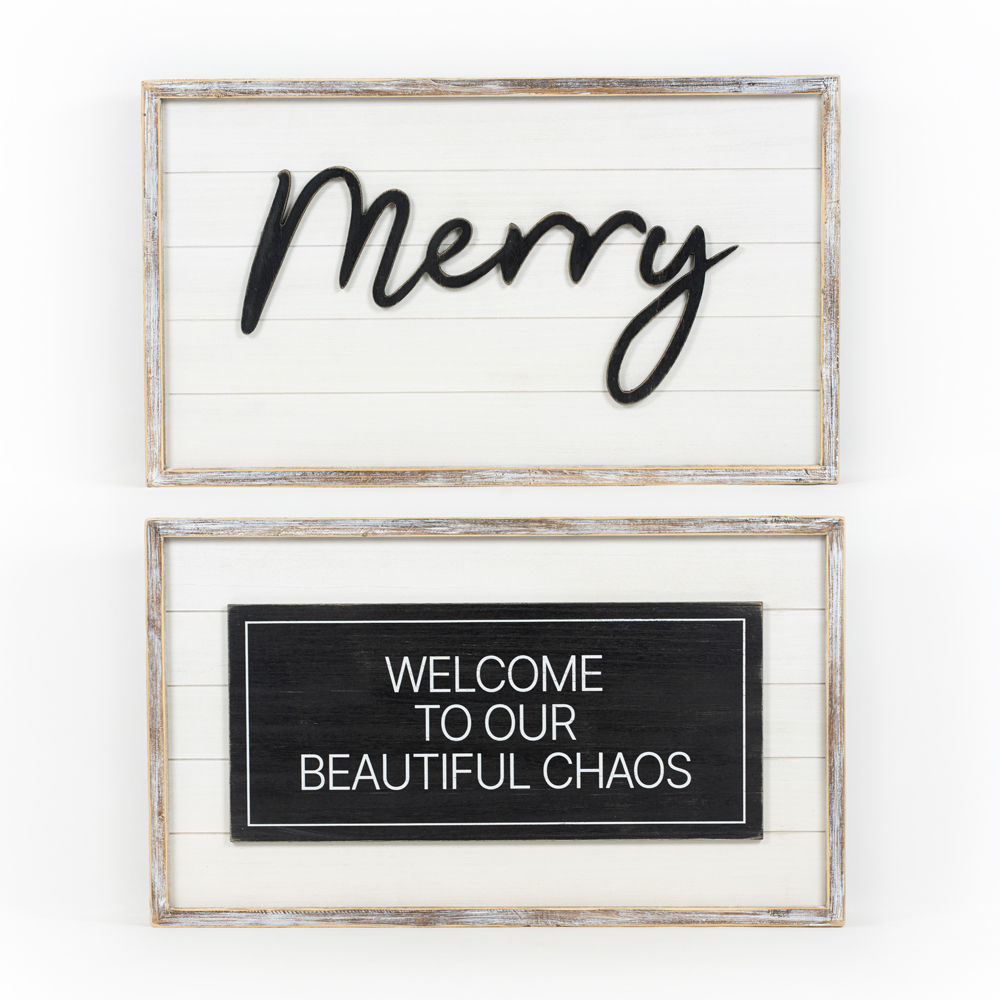 Reversible Wood Framed Shiplap Sign (Merry/Chaos) Bk/Wh Adams Christmas Adams & Co.   