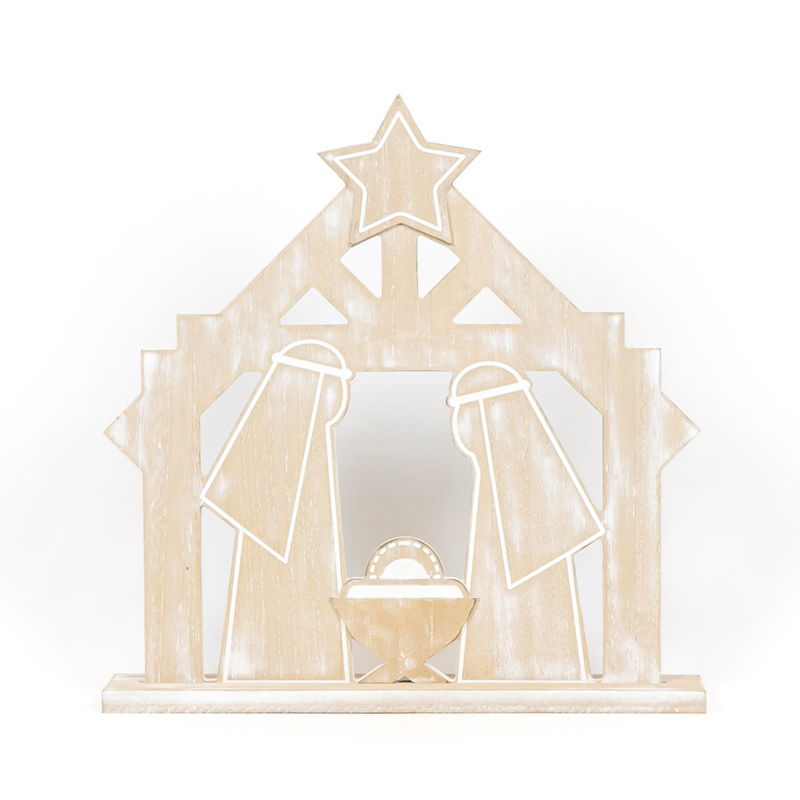 Wood Cutout On Base (Nativity) Natural/Wh Adams Christmas Adams & Co.   