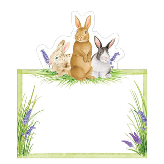 Place cards: Bunnies & Daffodils with three rabbits atop a green grassy border and lavender accents