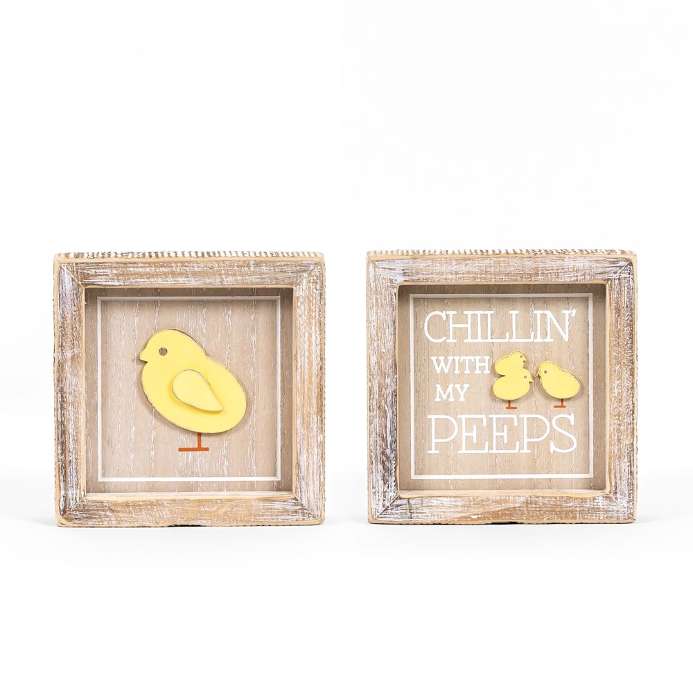 Reversible Wood Framed Sign (CHICK/PEEPS) Natural, White, Yellow Adams Easter/Spring Adams & Co.   