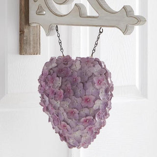 Arrow replacement pendant with purple hydrangea petals forming a heart shape, hanging by a metal chain.