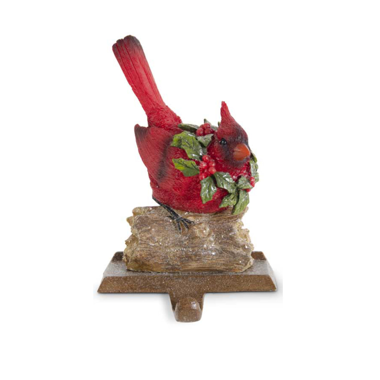 Glittered Resin Cardinals w/Holly Wreaths Stocking Holders  K&K Tail Up  