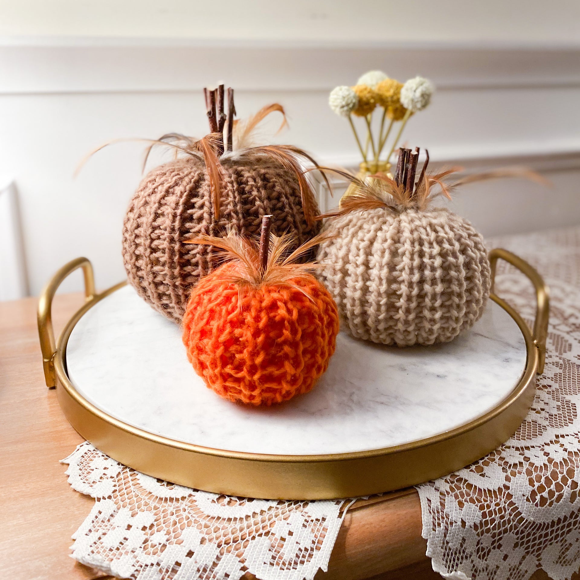 4" Cream Crochet Pumpkin w/ Wood Stem  K&K   