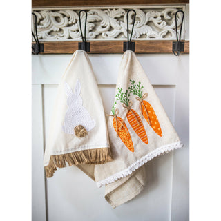 Tan kitchen towel set with white Easter bunny embroidery and orange carrot prints; by K&K