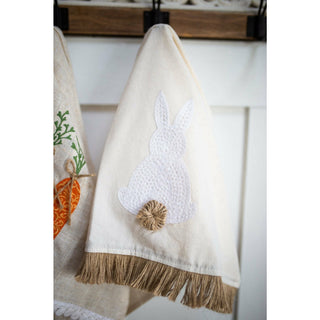 Tan kitchen towels set (2) with white embroidered Easter bunny on one towel, fringe hems by K&K