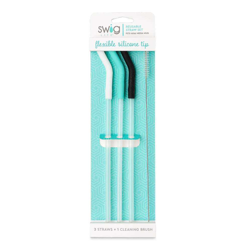 Mega Mug Reusable Straw Set  Swig Life White/Aqua/Black  