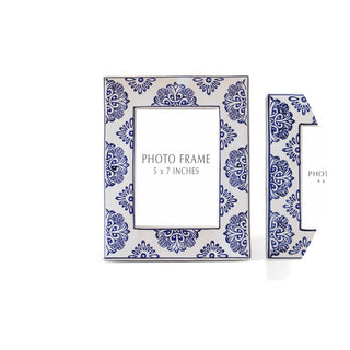 Blue and white ceramic photo frame, 5x7 inches, decorative floral pattern.