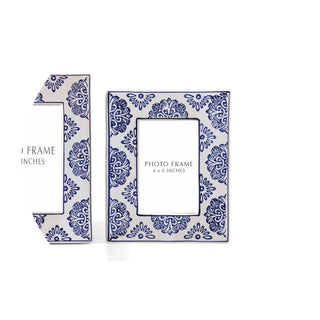 Blue and white ceramic photo frame, square 4x6 inches with a floral motif