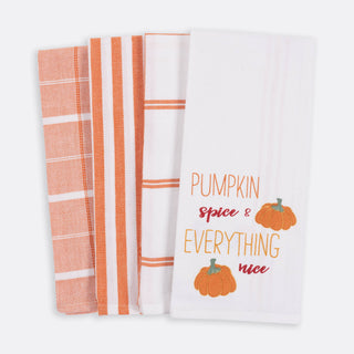 Fall Pumpkin Everything Kitchen Towels, four towels with orange plaid/stripe patterns and a white pumpkin-print towel.