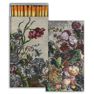 Matches decorative matchbox with two floral-art panels and orange-tipped matches