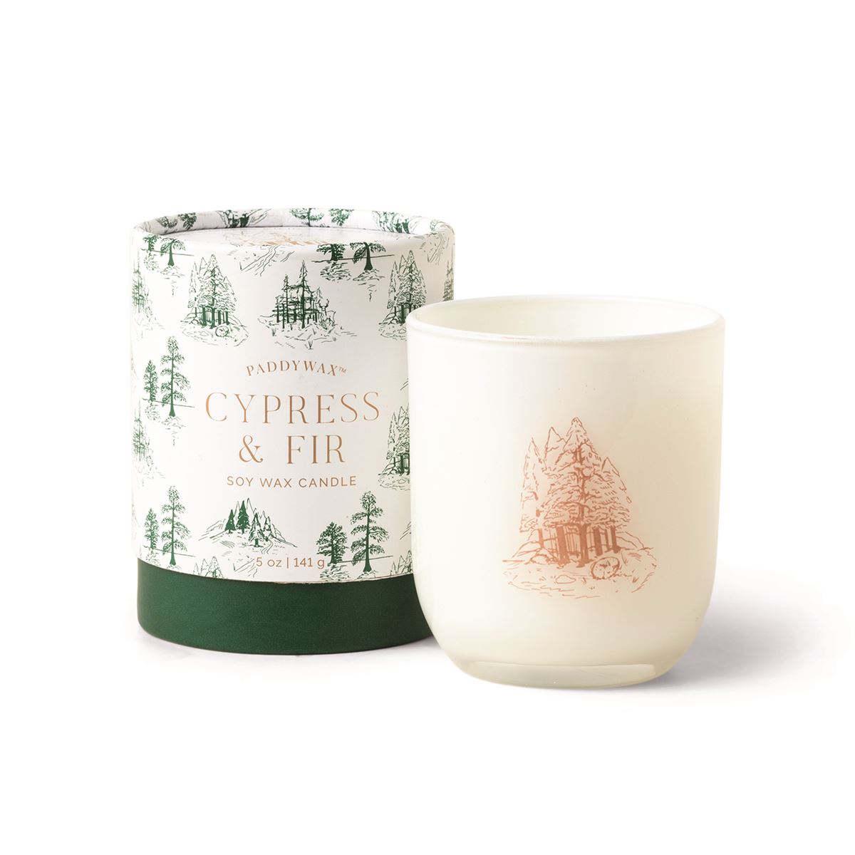 Cypress & Fir - White Opaque Glass With Matte Copper Tree Scene + White Tube Packaging Paddywax Winter Scents Paddywax   