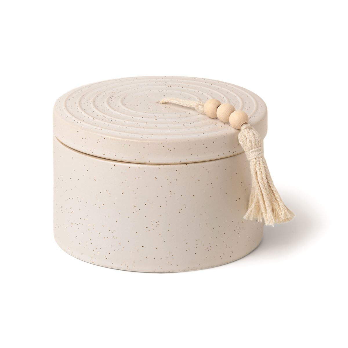 Cypress & Fir - White Speckled Ceramic With Lid + Beaded Hangtag Tassel  Paddywax   