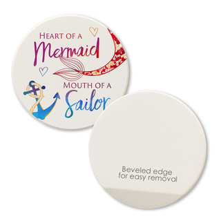 Two round car coasters, Heart of a Mermaid Sailor design, colorful, beveled edges.