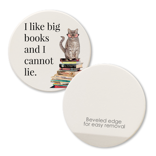 Car coaster set, two round cream coasters featuring a cat on a stack of books with I like big books and I cannot lie.