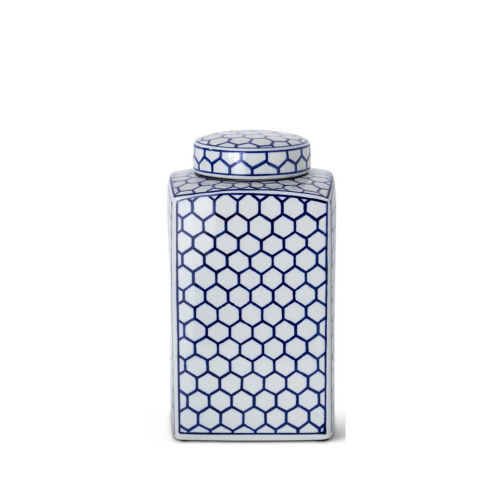 Blue & White Dot Square Lidded Ceramic Containers Vases K&K 11"  