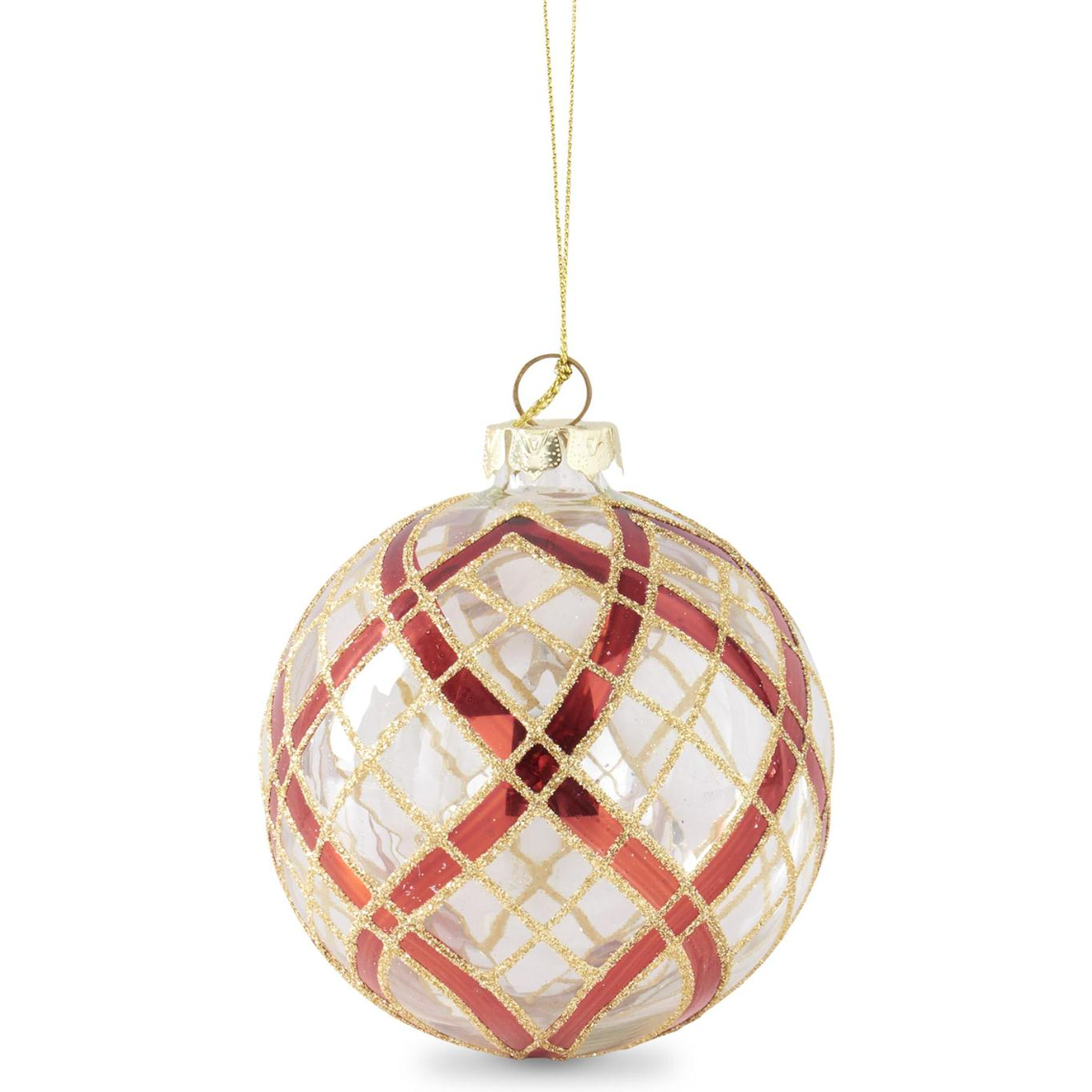 Glass Ornament w/Glittered Red & Gold Plaid  K&K Round  
