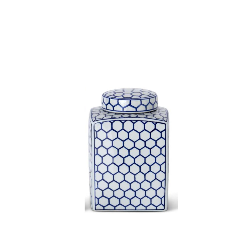 Blue & White Dot Square Lidded Ceramic Containers Vases K&K 9.25"  